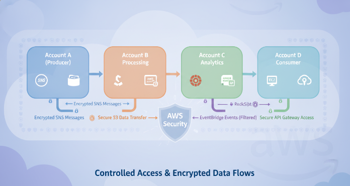 A diagram showing secure aws cross-account access, with data flowing between different AWS accounts for services like SNS and EventBridge, highlighting the importance of proper security configurations.