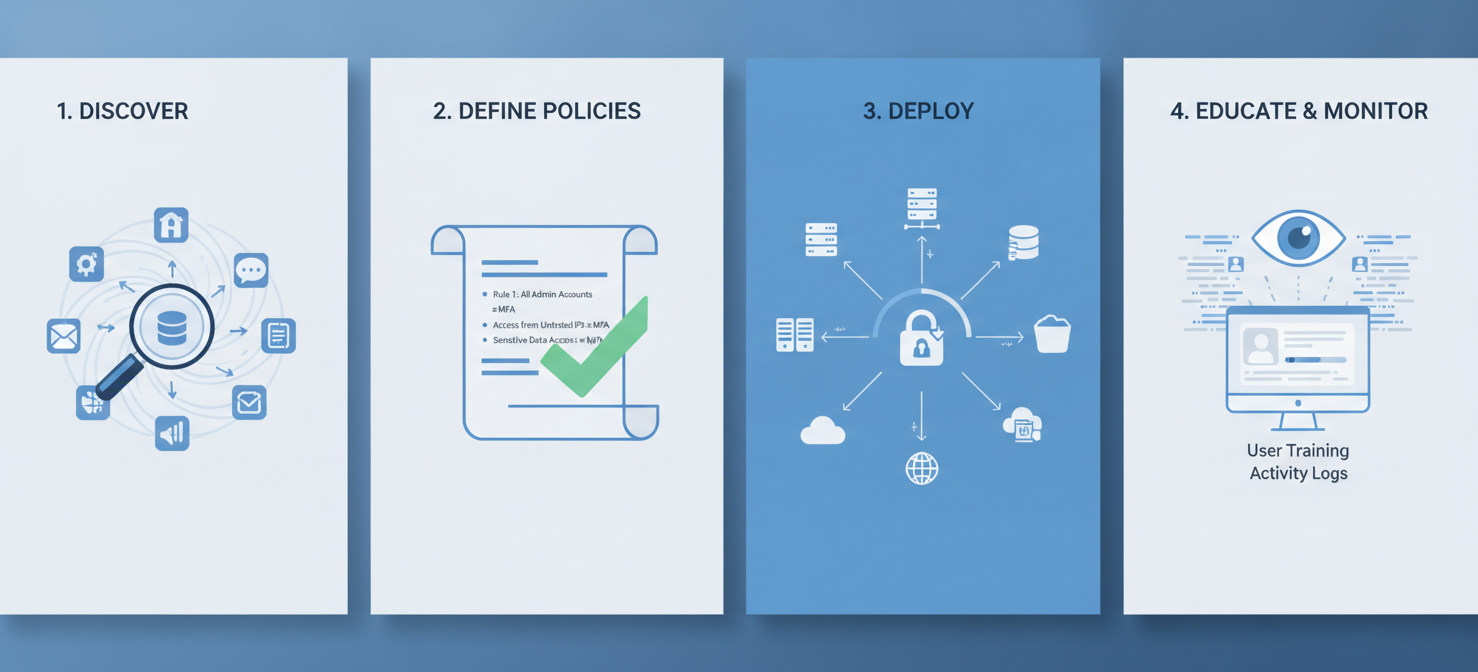 A four-panel infographic illustrating the structured approach to implementing cloud MFA enforcement. The panels depict: 1) Discovering shadow IT with a magnifying glass over cloud apps, 2) Defining clear security policies, 3) Deploying and integrating MFA solutions across cloud services, and 4) Educating users and continuously monitoring activity. This visual guide emphasizes a phased strategy for effective MFA rollout and management.