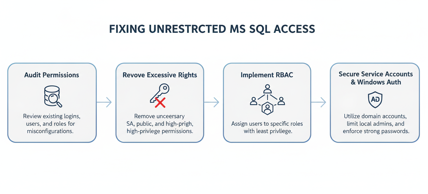 A four-step process diagram outlining the remediation steps for unrestricted MS SQL access. The steps include auditing permissions, revoking excessive rights, implementing role-based access control (RBAC), and securing service accounts with Windows Authentication, providing a clear roadmap for database security.