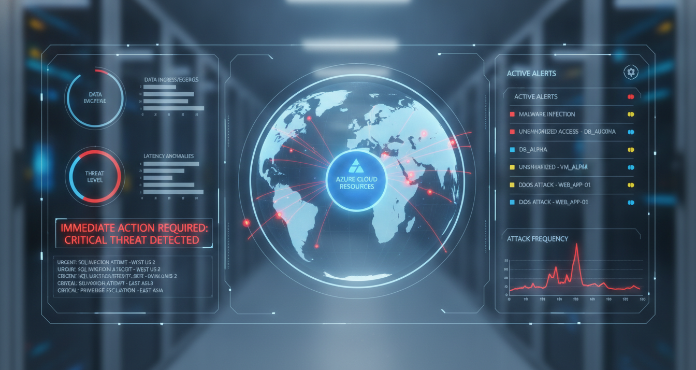A futuristic dashboard displaying real-time azure security solution alerts, with various graphs, threat indicators, and a map showing global attack origins. The interface is clean, with urgent alerts highlighted in red, indicating immediate action is required to protect cloud resources.
