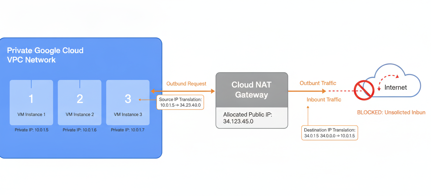 A network diagram illustrating the operational flow of Cloud NAT. Private VMs in a Google Cloud VPC initiate outbound connections, which are translated by the Cloud NAT gateway from private to public IP addresses before reaching the internet. Return traffic for established connections is permitted, while unsolicited inbound connections are explicitly blocked, showcasing the security benefit of the service.