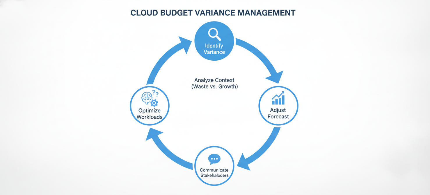 A process diagram outlining the steps to effectively handle cloud budget overruns, from identifying variances and analyzing their context to optimizing workloads, adjusting forecasts, and communicating with stakeholders.