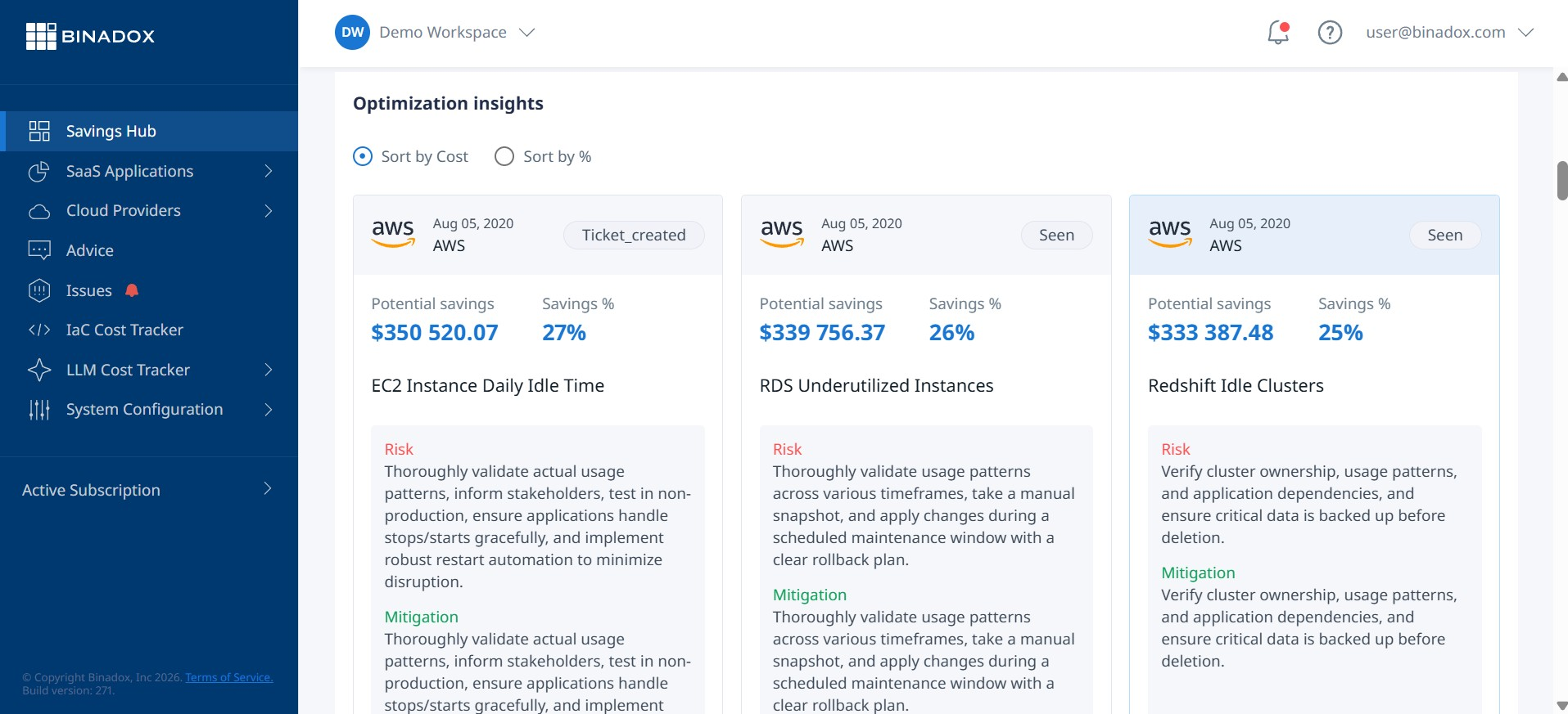 A screenshot of the Binadox cloud cost optimization dashboard, displaying a detailed breakdown of expenses, with a clear highlight on the 'Load Balancers' category, showing a substantial amount attributed to idle or unused resources.