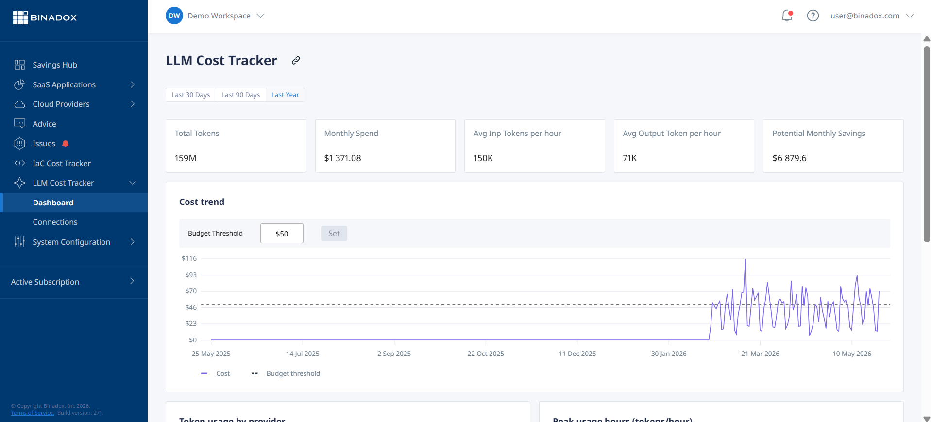 A screenshot of the Binadox LLM Observability dashboard, displaying granular, real-time tracking of API token consumption. The dashboard shows cost attribution by specific application features and individual users, alongside detailed breakdowns of input versus output token spend, crucial for identifying cost inefficiencies.