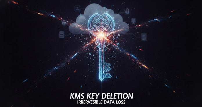 A shattered digital key, representing the irreversible consequences of KMS key deletion, with encrypted data scattering into an unrecoverable void within a secure cloud environment. This image highlights the critical importance of safeguarding encryption keys.