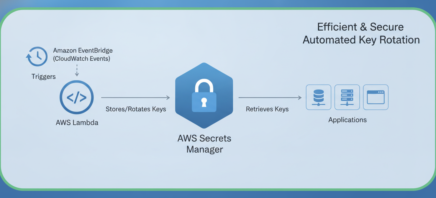 A system diagram illustrating automated access key rotation using AWS services. It shows an Amazon EventBridge schedule triggering an AWS Lambda function, which then interacts with AWS Secrets Manager to manage and rotate access keys for various applications, enhancing security and operational efficiency.