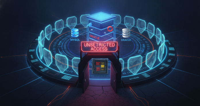 A visual metaphor for the critical risks associated with unrestricted MySQL access, Oracle, and SQL Server databases, showing a vulnerable, open pathway to sensitive data versus a securely protected system with layered defenses.