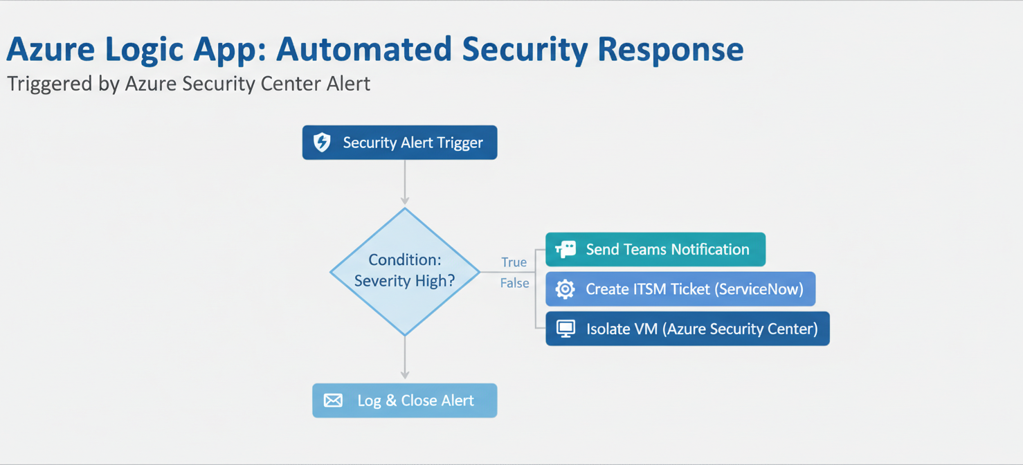 A visual representation of an Azure Logic App workflow, showing automated steps triggered by azure security solution alerts, such as sending notifications to Microsoft Teams, creating an ITSM ticket, and isolating a compromised virtual machine, demonstrating rapid incident response.