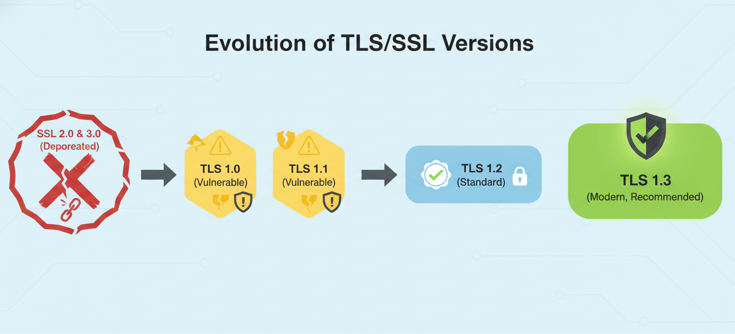 A visual timeline illustrating the progression of TLS and SSL protocol versions, from deprecated SSL 2.0 and 3.0, through vulnerable TLS 1.0 and 1.1, to the current industry standard TLS 1.2, and the latest, most secure TLS 1.3. Each version is marked with its security status, emphasizing the critical need to move away from older, insecure protocols.