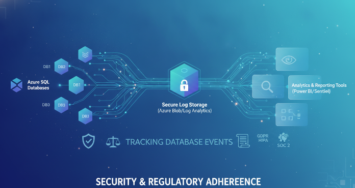 An abstract illustration depicting the comprehensive process of Azure SQL auditing, showing data flowing from various Azure SQL databases into secure log storage and analytics tools, with security icons and compliance symbols overlayed. This visual emphasizes the importance of tracking database events for security and regulatory adherence.
