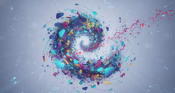 An abstract illustration of cloud budget overruns, showing digital currency and data spiraling out of control from a cloud infrastructure, symbolizing unexpected and escalating costs.