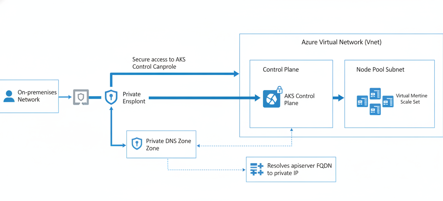 An architectural diagram detailing the core components of a private AKS setup. It highlights the interplay of Azure Private Link, a private endpoint within a Virtual Network (VNet), and a Private DNS Zone, all working together to secure the Kubernetes API server and ensure private communication.