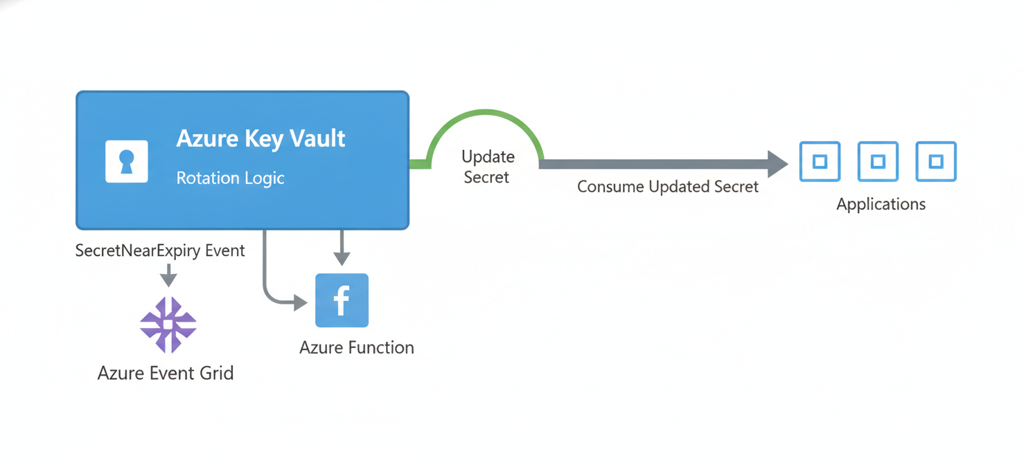An architectural diagram illustrating the automated secret rotation process for azure key vault expiration. It shows Azure Key Vault sending a 'SecretNearExpiry' event to Azure Event Grid, which triggers an Azure Function to generate and update the secret, ensuring continuous security and operational efficiency.