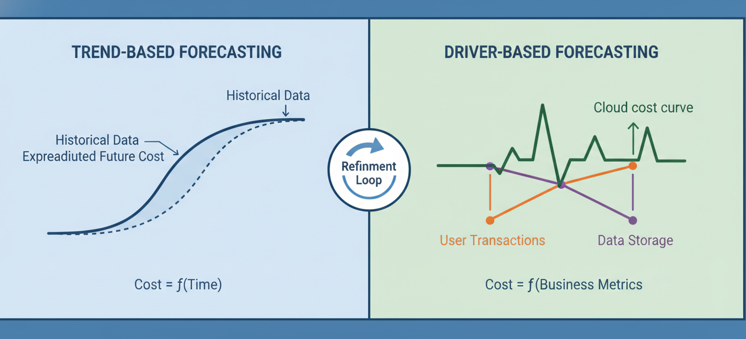 An illustration comparing trend-based and driver-based cloud cost forecasting methods, showing how historical data and business metrics are used to predict future spending.
