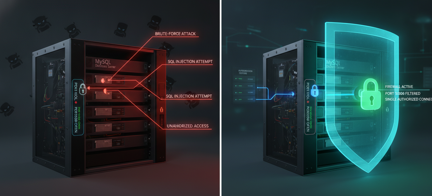 An illustration contrasting an exposed MySQL server vulnerable to attacks with a securely configured MySQL instance protected by a firewall, highlighting the dangers of unrestricted MySQL access and the importance of network segmentation.