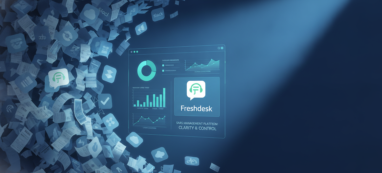 An illustration contrasting chaotic, unmanaged SaaS subscriptions with an organized, centralized SaaS management dashboard, highlighting the crucial need for integration to gain visibility and control over spending.