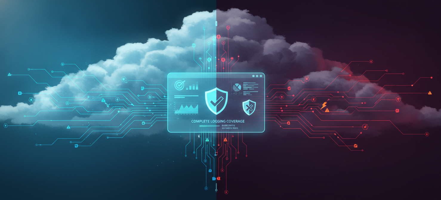An illustration contrasting complete versus incomplete logging coverage in a cloud environment. The 'Complete Coverage' side shows a clear, well-monitored system with data flowing into a central dashboard, symbolizing full visibility and security. The 'Incomplete Coverage' side depicts a chaotic, dark, and fragmented system with broken data streams and warning signs, highlighting the blind spots and increased risk of security breaches or operational failures due to missing logs.