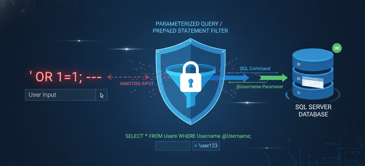 An illustration demonstrating how parameterized queries effectively prevent SQL injection attacks against SQL Server databases by separating user input from the executable SQL code, safeguarding data integrity and confidentiality.