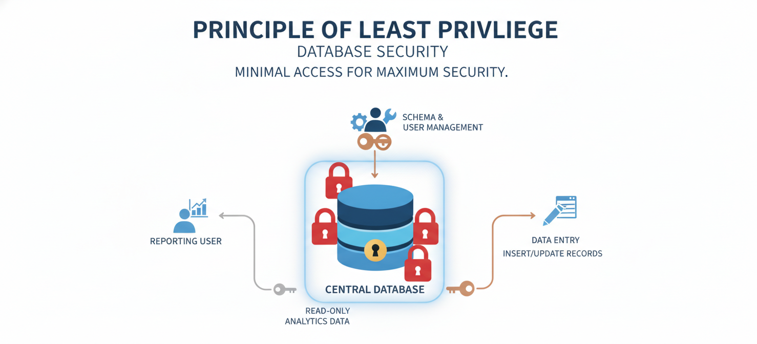 An illustration demonstrating the Principle of Least Privilege, where different user roles are granted only the minimum necessary permissions to access specific parts of a database, preventing unauthorized data exposure or modification.