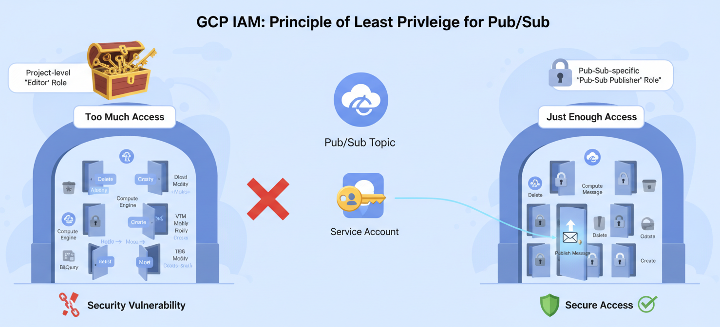 An illustration demonstrating the Principle of Least Privilege for GCP Pub/Sub. It contrasts a broad, project-level IAM role (like 'Editor') granting excessive access to multiple resources, with a granular, Pub/Sub-specific role (like 'Pub/Sub Publisher') providing only the necessary permissions to a single topic. This highlights the importance of assigning minimal access to reduce security risks.