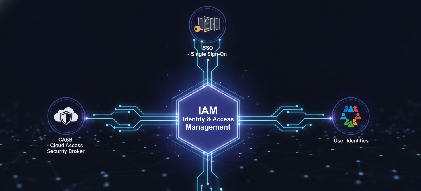 An illustration depicting a central Identity and Access Management (IAM) hub, acting as a control panel, with three integrated components radiating outwards. These components are represented by icons for a Cloud Access Security Broker (CASB), a Single Sign-On (SSO) solution, and the IAM system itself. The image visually demonstrates how these essential technologies work together to provide centralized control, discover shadow IT, and enforce robust security policies, including MFA, across diverse cloud environments.
