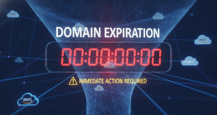 An illustration depicting a digital countdown timer approaching zero, with the text 'Route 53 domain expiration' highlighted, symbolizing the critical importance of monitoring and renewing domains to prevent service disruption.