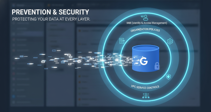 An illustration depicting a multi-layered security approach to prevent gcp cloud storage public access. It shows a Google Cloud Storage bucket protected by concentric shields representing IAM, Organization Policies, and VPC Service Controls, symbolizing a robust defense against unintended data exposure and ensuring data security.