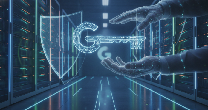 An illustration depicting a secure cloud environment where a large, digital key, representing customer-managed encryption keys (CMKs), is actively used to enable encryption with CMKs for data stored in various services. The image emphasizes direct customer control over data security in Google Cloud.