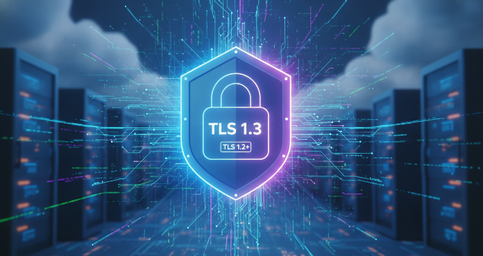 An illustration depicting a secure digital padlock with 'TLS 1.2+' indicating the minimum TLS version required for robust cloud encryption. Data streams flow securely around it, symbolizing protected communication in a modern cloud environment, highlighting the importance of updated security protocols for safeguarding sensitive information.