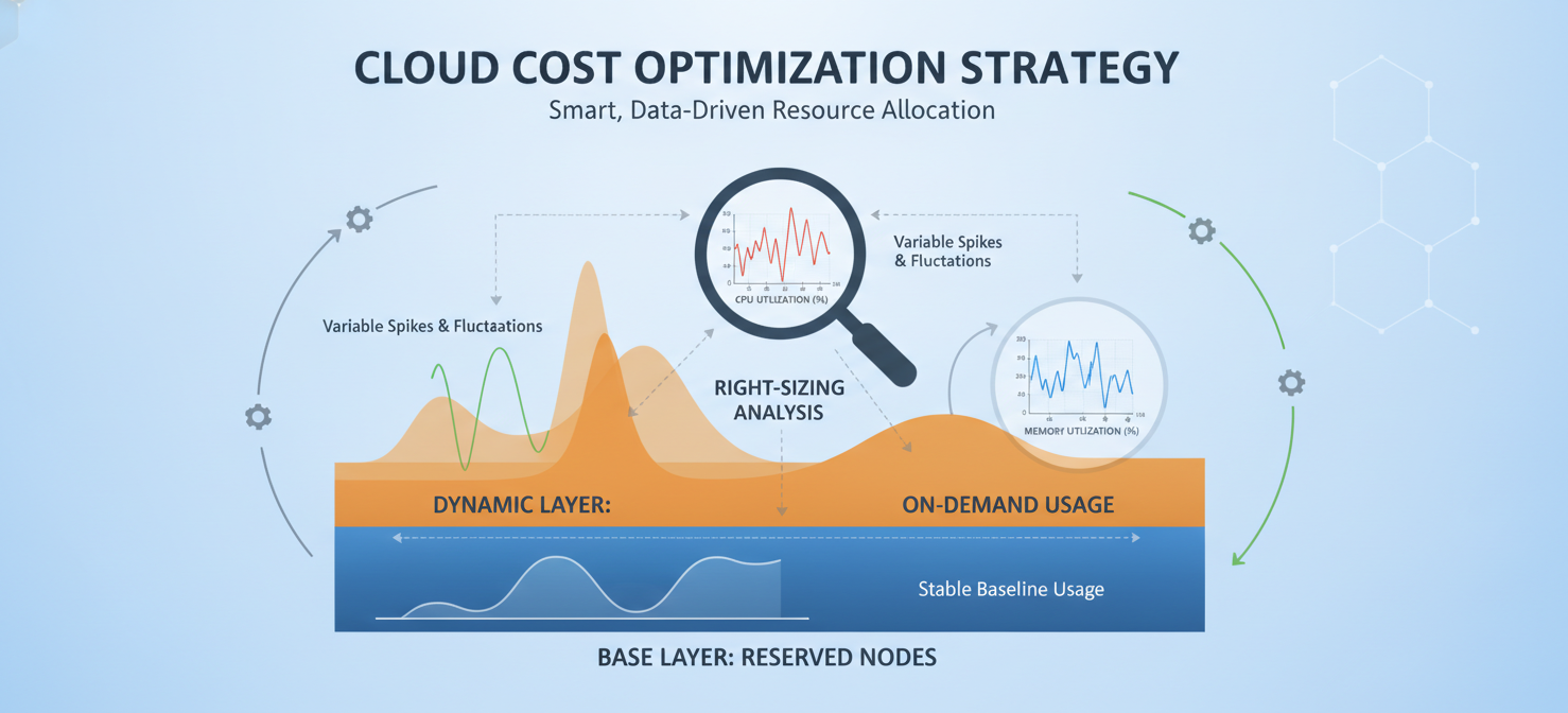 An illustration depicting a tiered coverage strategy for cloud costs, combining reserved capacity for baseline workloads with on-demand resources for unpredictable spikes, emphasizing right-sizing and monitoring.