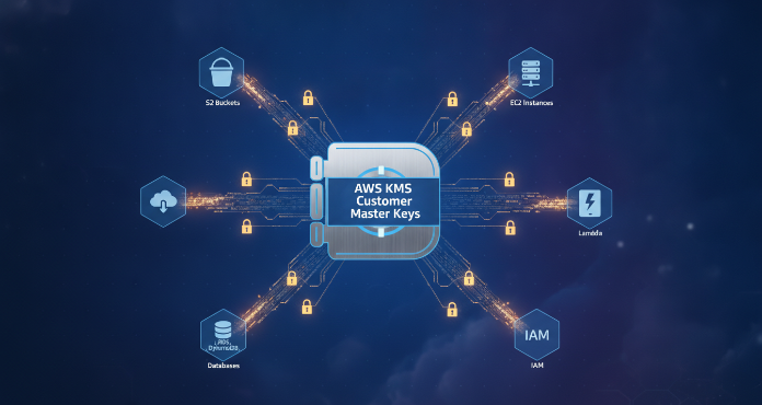 An illustration depicting AWS KMS customer master keys as a central security hub, encrypting data from various AWS services like S3, EC2, and databases, emphasizing secure data management and control within the cloud environment.