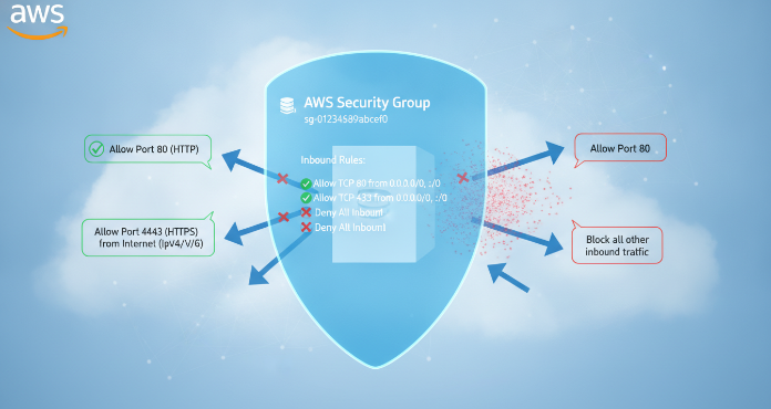 An illustration depicting AWS Security Groups acting as a virtual firewall around an Amazon EC2 instance, demonstrating how they filter inbound and outbound network traffic based on defined rules. Allowed traffic flows through, while blocked traffic is clearly stopped, emphasizing their role in securing cloud resources.