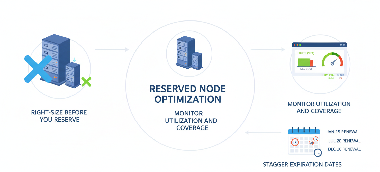 An illustration depicting best practices for managing a Reserved Node portfolio, including the importance of right-sizing instances before commitment, continuously monitoring utilization and coverage, and staggering expiration dates to ensure smooth renewals and avoid coverage gaps.