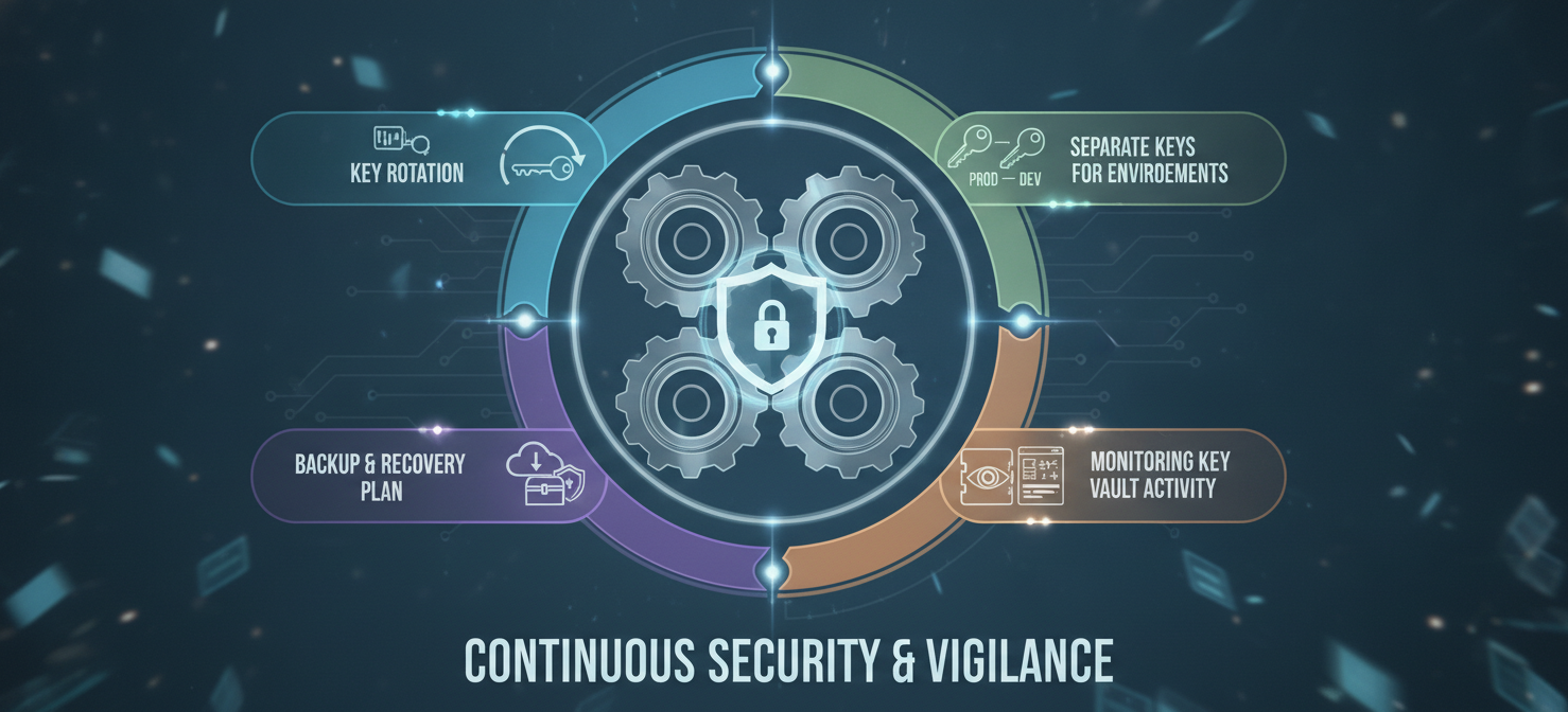 An illustration depicting best practices for managing encryption keys, including regular key rotation, using separate keys for different environments, continuous monitoring of Key Vault activity, and having a robust backup and recovery plan.