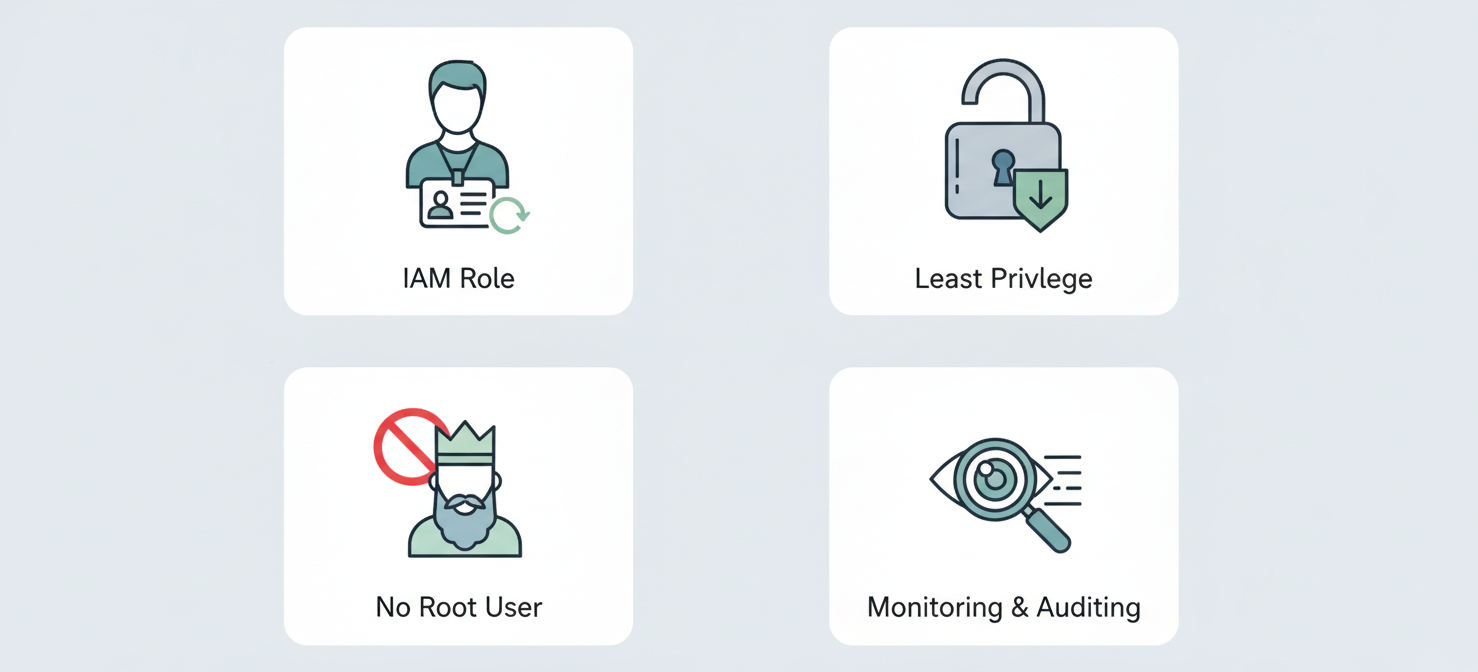 An illustration depicting key best practices for managing AWS credentials: using IAM roles, applying the principle of least privilege, avoiding root user access keys, and continuously monitoring and auditing key usage to maintain a strong security posture.