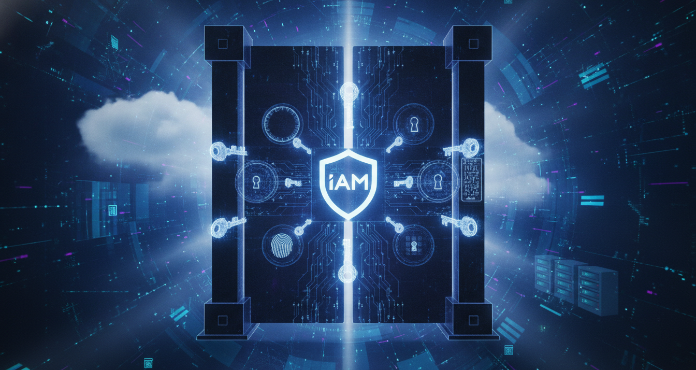 An illustration depicting secure AWS IAM access, showing a digital gateway with multiple security layers and keys, symbolizing robust identity and access management within an AWS cloud environment.