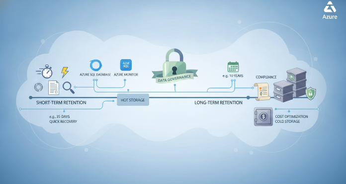 An illustration depicting the comprehensive strategy for database log retention in Azure, showcasing the distinction between short-term operational recovery and long-term archival for compliance. It highlights how Azure SQL Database and Azure Monitor contribute to a robust data management plan, ensuring data integrity, security, and cost-effectiveness over various retention periods.