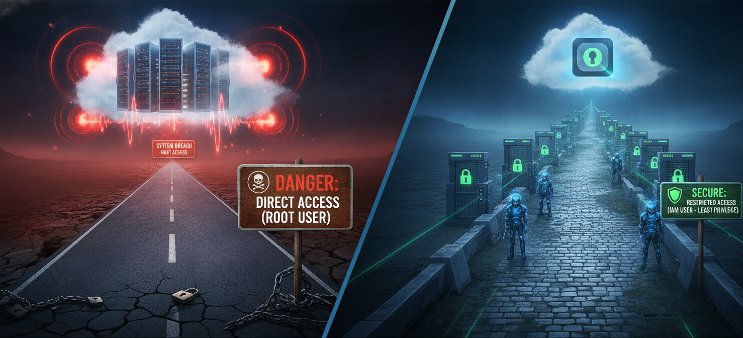 An illustration depicting the contrast between using the root user and IAM users. A dangerous, wide path leads to a compromised cloud environment, symbolizing the risks of unrestricted root access. A secure, narrow path with checkpoints represents the principle of least privilege using IAM, leading to safe, specific tasks.