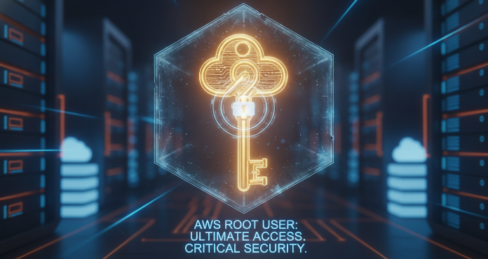 An illustration depicting the critical importance of securing the aws root user. A large, ornate golden key, representing the ultimate access to an AWS account, is shown protected within a secure, transparent vault, highlighting the need for multi-factor authentication and restricted use. The image conveys the immense power and the severe security implications associated with this primary account identity.