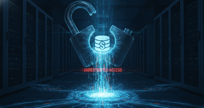 An illustration depicting the critical security flaw of unrestricted MS SQL access. A large, open padlock, shaped like a database icon, allows sensitive data to flow out freely, symbolizing the severe risks of data breaches and unauthorized exposure. This visual metaphor highlights the urgent need to secure SQL Server environments against overly permissive access controls.