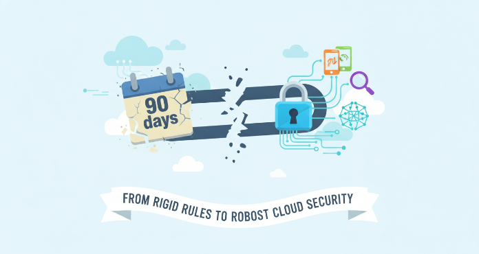 An illustration depicting the evolution of cloud security, moving beyond rigid password expiration policies. An old, broken chain link symbolizes the outdated 90-day rule, while modern icons like a strong padlock, multi-factor authentication, and proactive monitoring represent the new best practices for protecting cloud accounts.