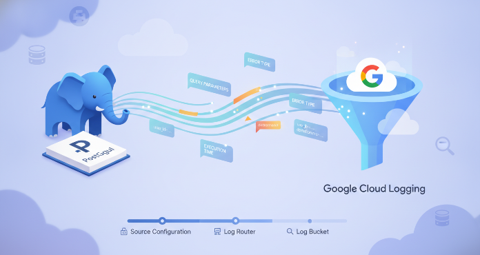 An illustration depicting the flow of postgresql log flags data from a PostgreSQL database instance into Google Cloud Logging within the Google Cloud Platform. The image visually represents how specific configuration parameters control the detailed diagnostic information captured, essential for performance, security, and compliance in a cloud environment.