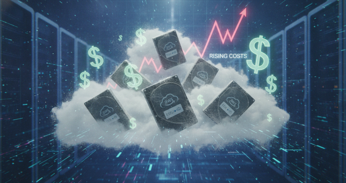 An illustration depicting unused EBS volumes as forgotten, dusty hard drives floating idly in a stylized cloud environment, surrounded by rising cost graphs and dollar signs, symbolizing the financial drain of unused EBS volumes in AWS and the need for cloud cost optimization.