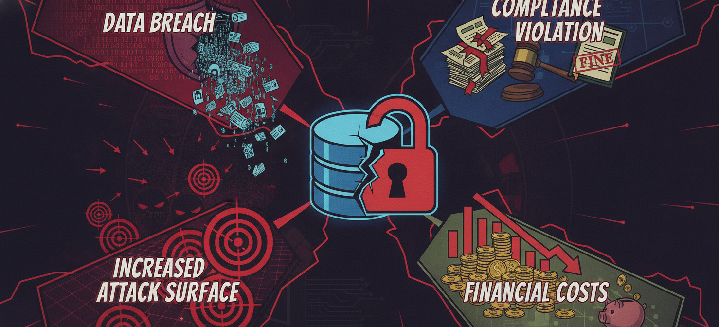 An illustration detailing the cascading risks of unmanaged cloud databases, including data breaches, compliance violations, an increased attack surface, and significant financial and operational costs. The image visually connects an exposed database to these severe consequences.
