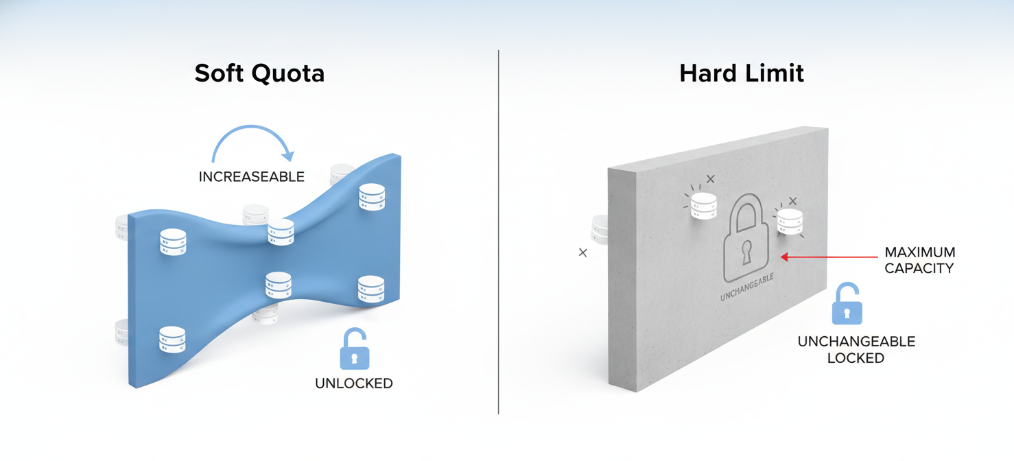 An illustration differentiating between cloud service quotas and limits. A 'soft quota' is depicted as an adjustable, flexible boundary, while a 'hard limit' is shown as an unchangeable, fixed architectural constraint, clarifying their distinct roles in cloud resource management.