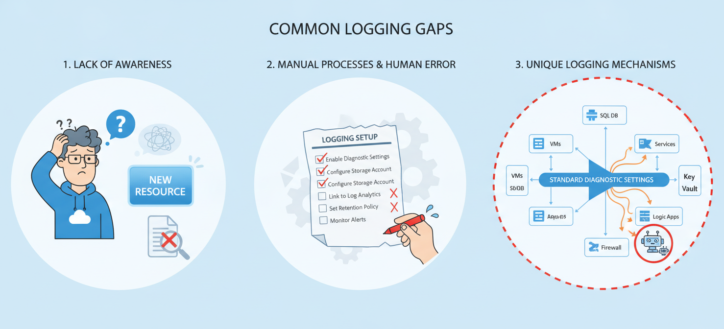 An illustration highlighting common reasons for gaps in cloud logging coverage. It depicts a cloud engineer's confusion regarding logging for new resources, an unreliable manual checklist with missed configurations, and a visual representation of Azure services with unique logging mechanisms that fall outside standard diagnostic settings, leading to incomplete data collection.