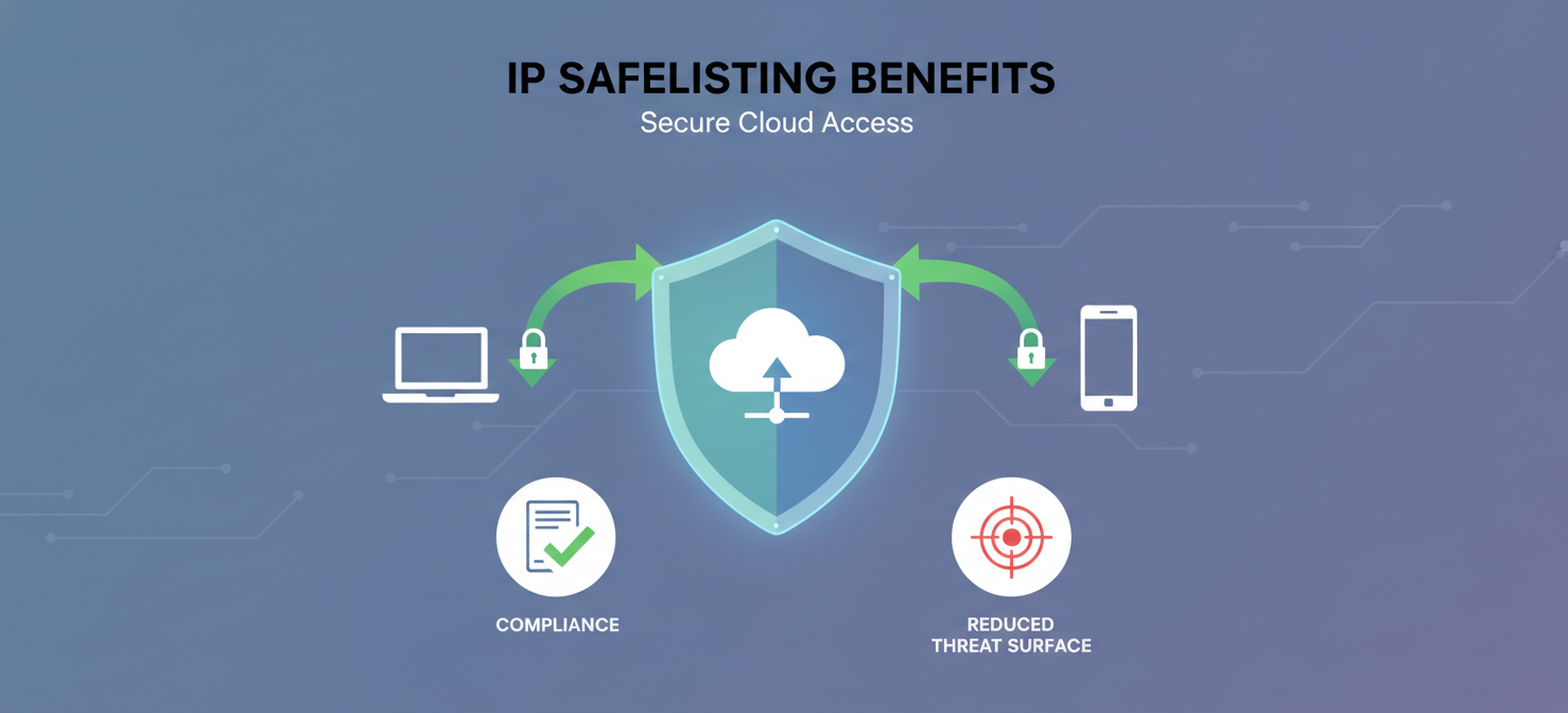 An illustration highlighting the key benefits of using IP safelisting in cloud environments. A central cloud server is protected by a shield, symbolizing enhanced security. Arrows depict secure remote access for users with laptops and mobile devices. Subtle icons suggest compliance adherence and a significantly reduced attack surface, showcasing comprehensive protection.