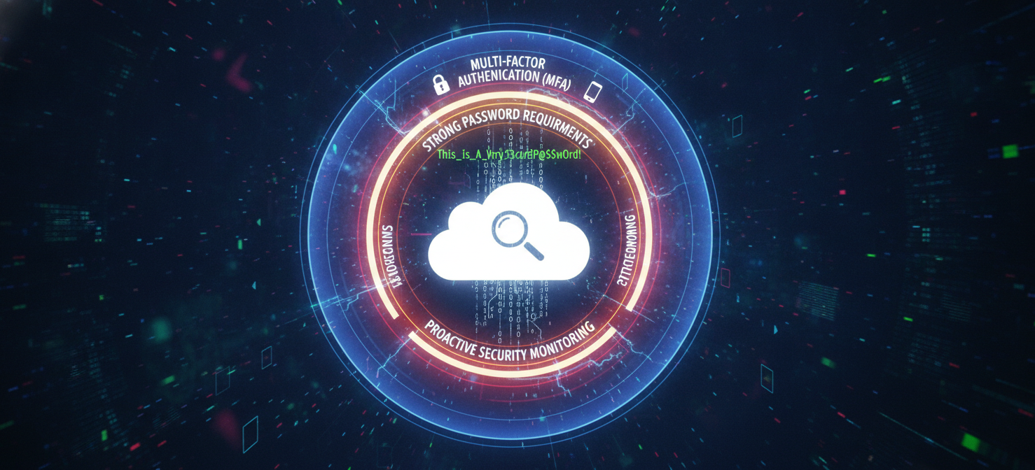 An illustration of a multi-layered security shield, representing effective alternatives to forced password resets. Layers include Multi-Factor Authentication (MFA), strong password requirements focusing on length and uniqueness, and proactive security monitoring for suspicious activities.