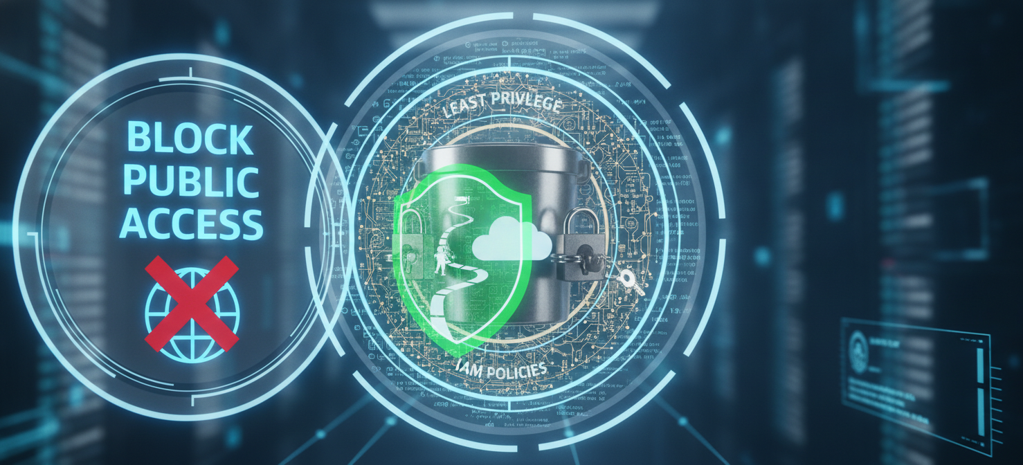 An illustration representing best practices for secure S3 access control, featuring a robust S3 bucket protected by multiple layers of security. These layers include 'Block Public Access' as a primary shield, 'Least Privilege' with restricted access paths, and 'IAM Policies' for granular control, symbolizing a comprehensive security posture against 's3 authenticated users access'.