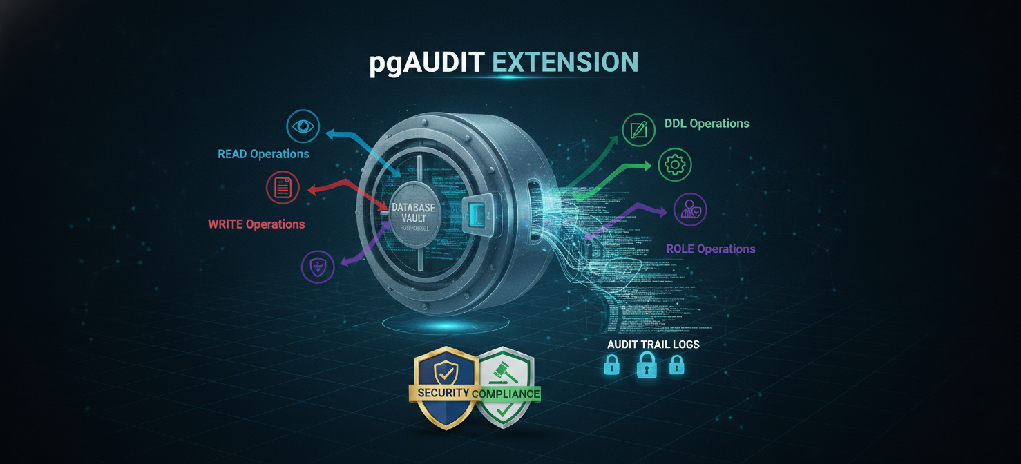 An illustration representing the `pgAudit` extension in PostgreSQL, showing how various database operations like READ, WRITE, and DDL are securely logged to create a comprehensive audit trail for compliance and security purposes.